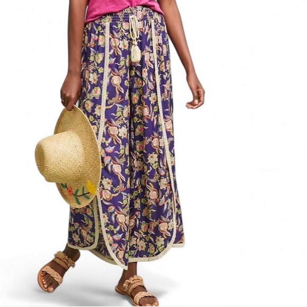 Anthropologie Corfu Floral Print Wide Leg Pants w Tasseled Tie, Lace Trim Detail
